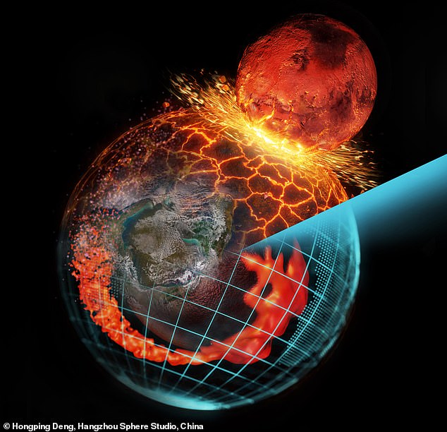 After running a series of simulations, Professor Hongping Deng found that after the impact that formed the moon, a significant amount of material from the thean mantle ¿ about two percent of Earth's mass ¿ entered the lower mantle (shown in orange in the artist's image above )