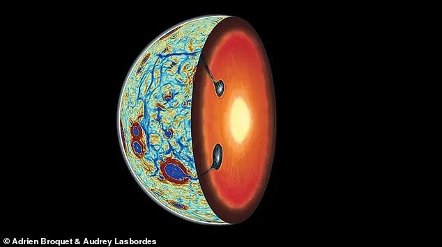 Beneath the moon's crust, in the region between the crust and the core known as the mantle, NASA's GRAIL spacecraft found two dense regions (pictured above) that correspond to the titanium and iron 