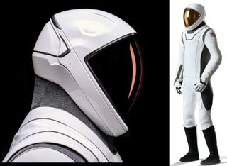 to left, profile bust in white suit facing right.  On the right, in the thinner part of the image, this full spacesuit facing left.  The white is accented with dark gray sections, black boots and a copper gold visor.