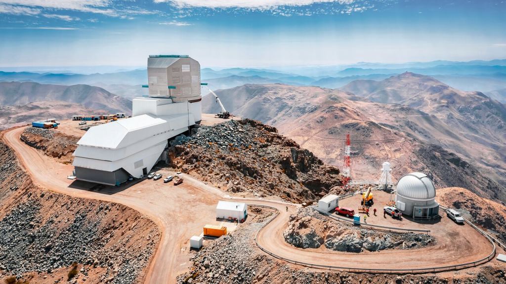 A drone view of the Rubin Observatory under construction in 2023. The 8.4-meter observatory is getting closer to completion and first light in 2025. The observatory could provide answers to many unsolved questions, such as the existence of Planet Nine.  Image credit: Rubin Observatory/NSF/AURA/A.  Pizarro D