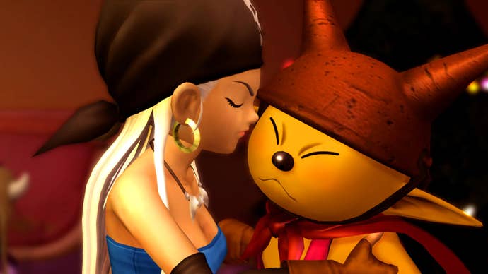 A woman in a bandana and blue top leans close to a small yellow boy with a horned pot on his head, presumably to be petted.