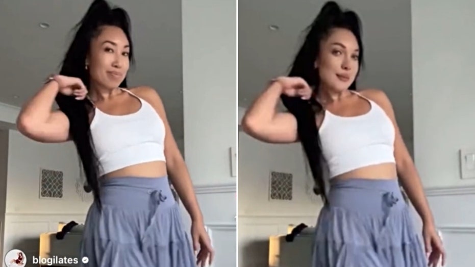 Split image of Cassey Ho's video showing her Pirouette skirt and Begoing's version of the same video with her face changed