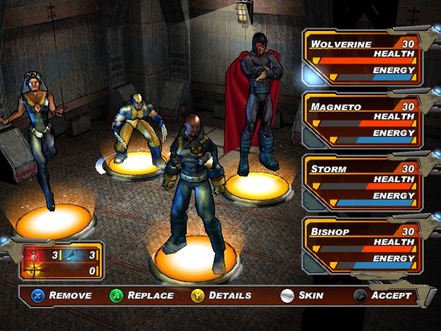 A character select screen in X-Men Legends II: Rise of Apocalypse featuring Wolverine, Magneto, Storm, and Bishop.