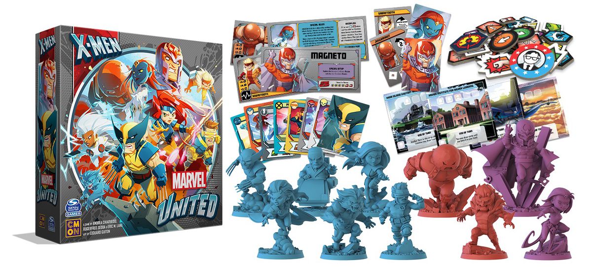 Box, cards and figures for the Marvel United: X-Men board game