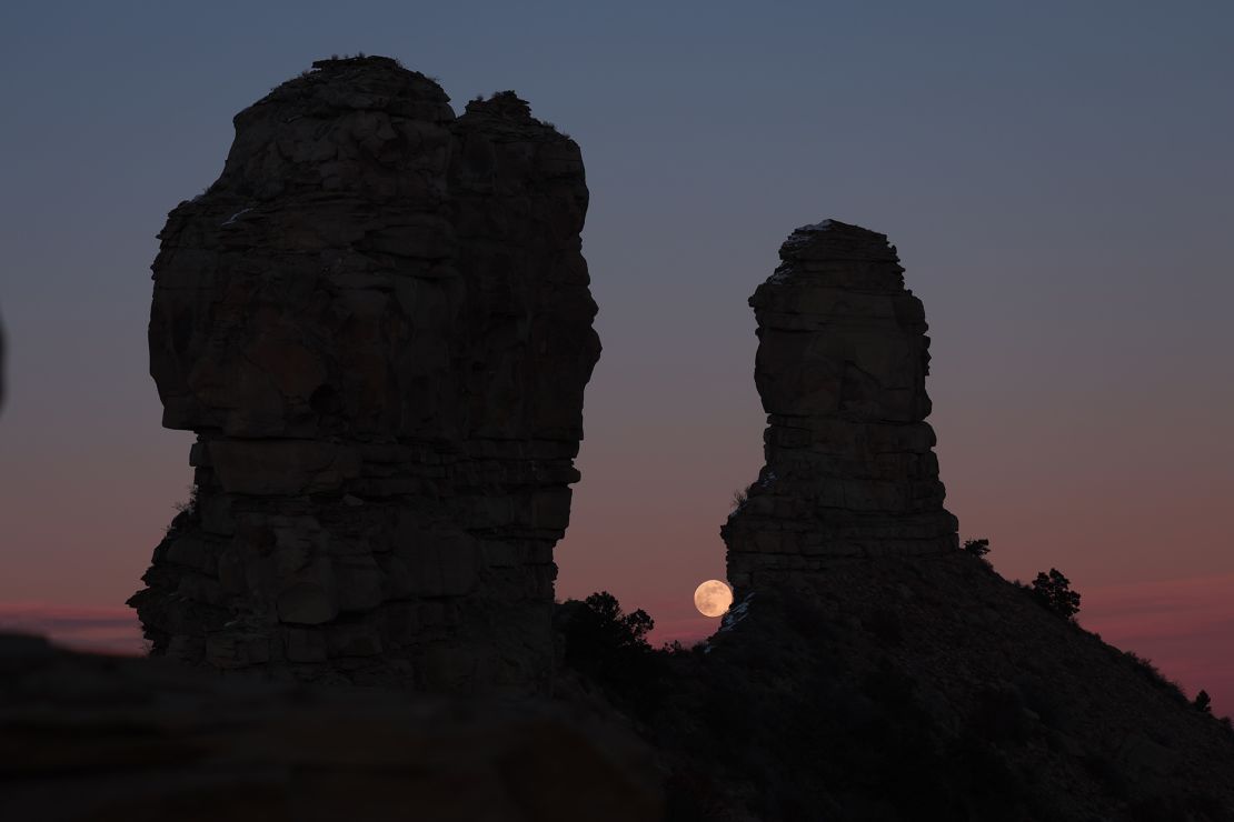 Researchers study lunar alignments at Chimney Rock, Colorado, shown here at full sunrise on December 26, 2023.