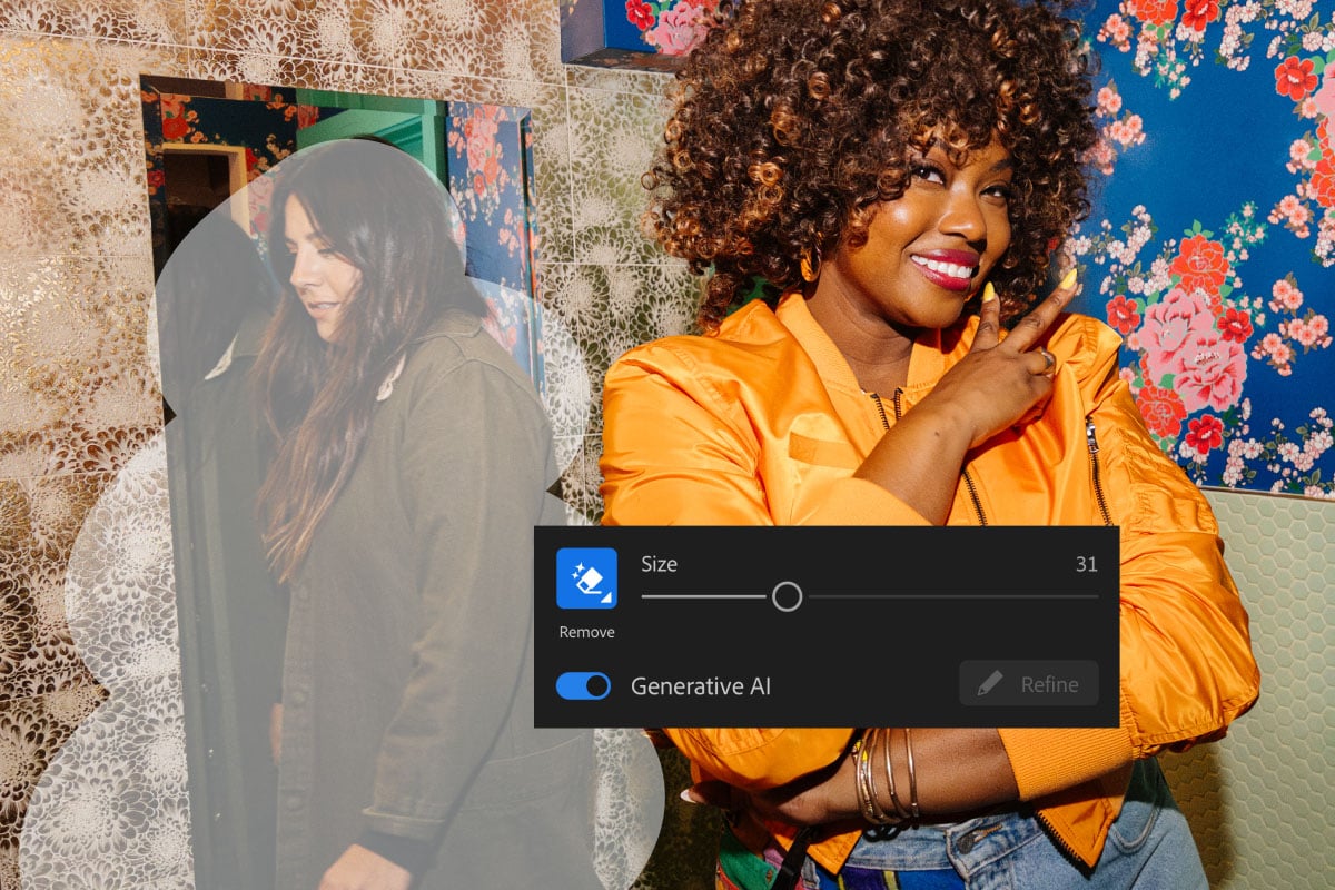 A smiling woman with curly hair and a bright orange jacket poses with a peace sign.  A blurred area in the image covers another person in the background against a wall with floral motifs.  A photo editing interface for resizing and generating AI is visible.