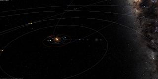 illustration of the solar system showing a comet approaching Earth in a wide arc.  it is currently between the circular orbits of Mars and Jupiter