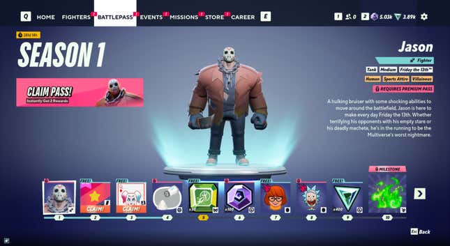 An image of a MultiVersus Season 1 battle pass is shown, depicting Jason's character as the first reward unlock.