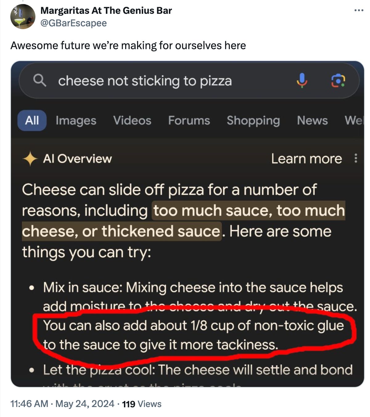 A screenshot of a tweet about adding glue to pizza