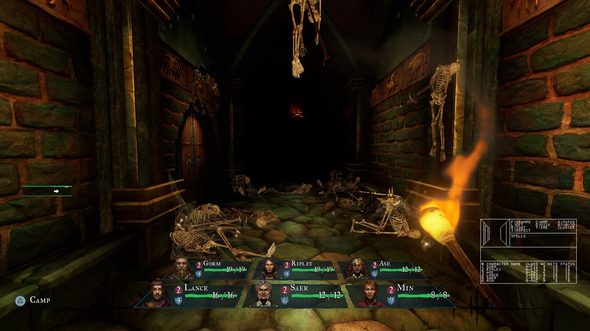 A first-person shot of Wizardry showing a pile of skeletons in front of a door.  The stage is lit by a flaming torch in the player's right hand.