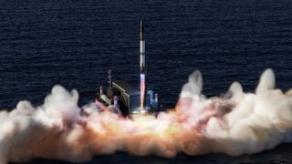 Graphic of a white and black rocket taking off from a launch pad surrounded by water.