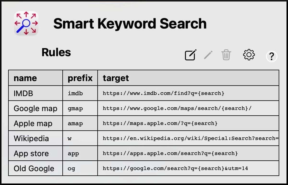 screenshot of the Smart Keyword Search extension for Safari rules