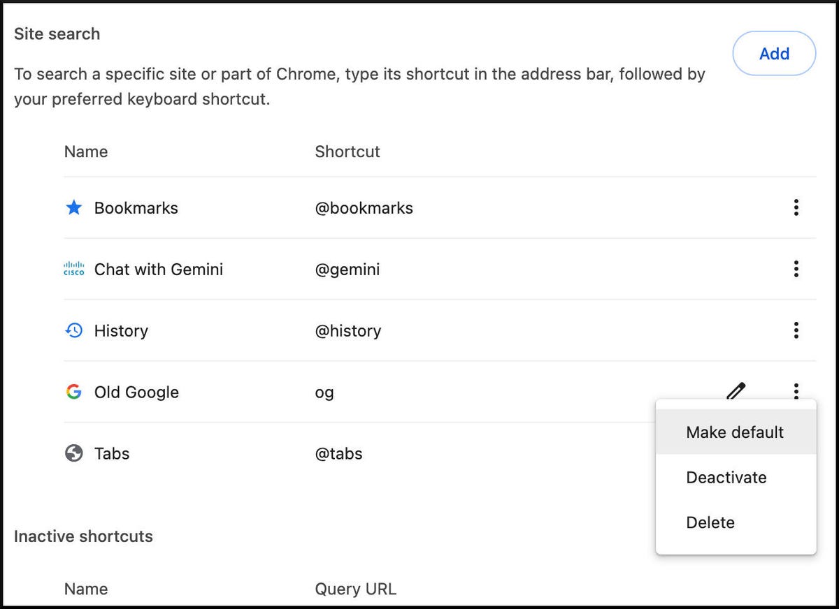 Google Chrome search settings screenshot showing how to mark a site search shortcut as the default search engine for the browser's address bar