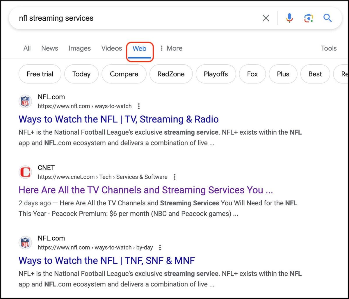 screenshot of google search results page showing only web links for nfl streaming services