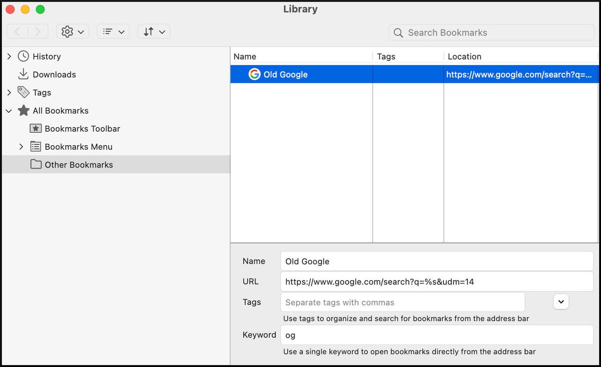 screenshot of Mozilla Firefox bookmark settings