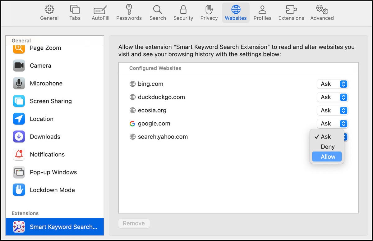 screenshot of Smart Keyword Search extension settings for Safari