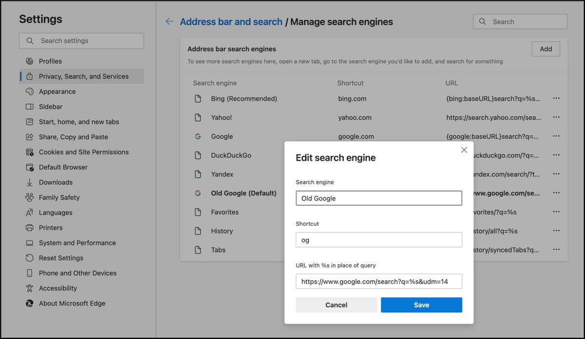 a screenshot of the Microsoft Edge search engine settings page showing how to add a new custom search engine