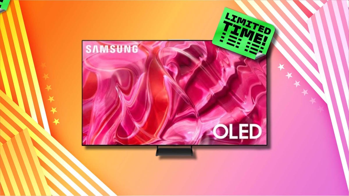 Samsung Oled S90C TV on orange and pink background with green sticker for a limited time