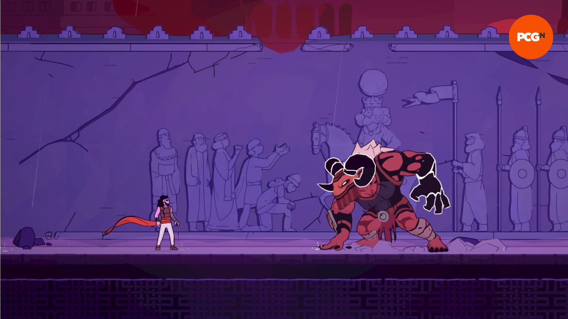 The Rogue Prince of Persia Review: A tiny pixelated man stands in front of a huge minotaur-like monster that is about to charge at him