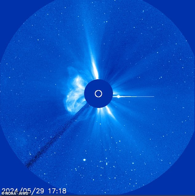 The upcoming solar storm on Friday and Saturday produced by a solar flare X1.4 CME (pictured left of center above) ejected from Sunspot AR3697 yesterday.  The eruption's CME has already caused 