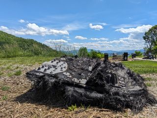 a large black piece of fiberglass covered in metal bolts and plates lies on the ground next to a path leading into a forest.  rolling mountains can be seen in the distance