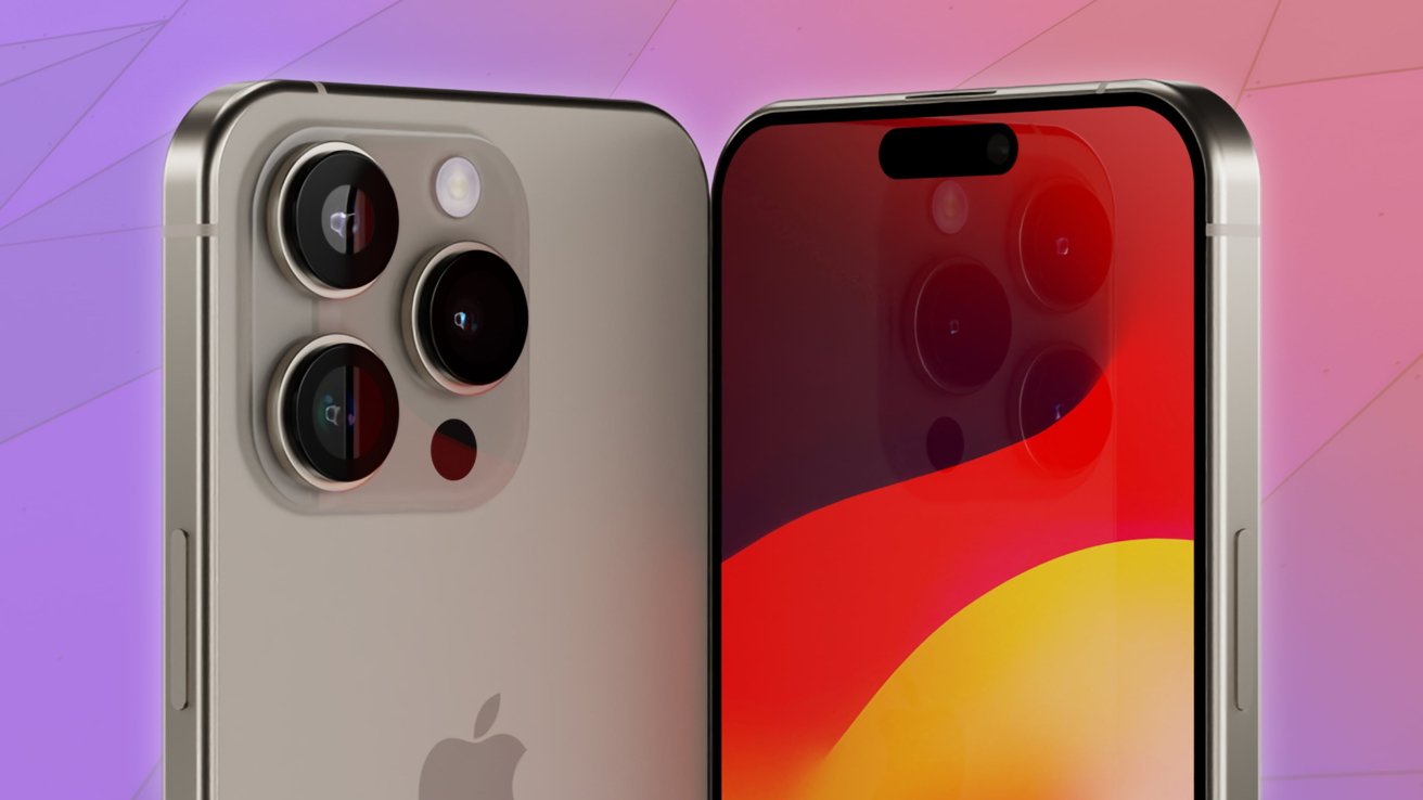 Two smartphones side by side, one showing the back with three cameras and the other showing the front screen with red and yellow wallpaper.