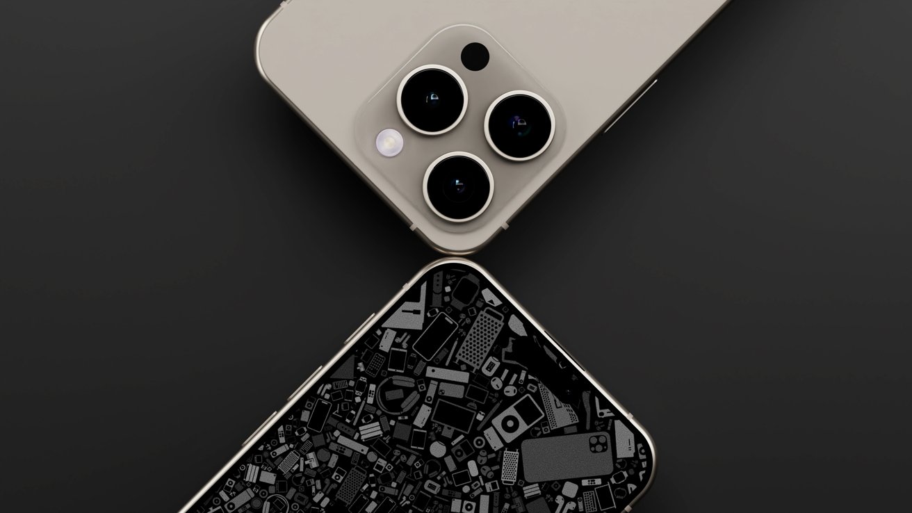 Two renders of the iPhone 16 Pro on a dark surface, one showing the triple-camera back and the other showing a patterned screen.