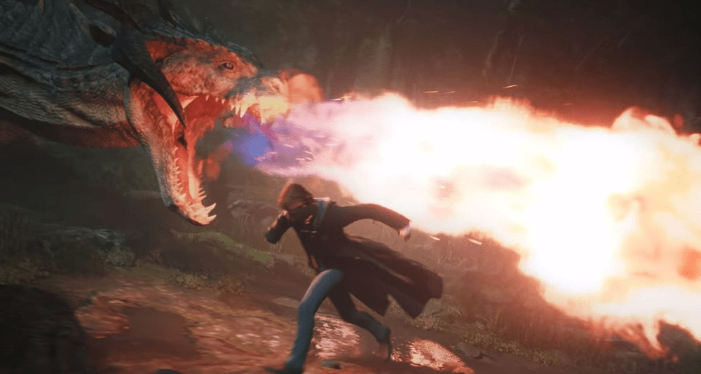 The player narrowly avoids a dragon's fiery breath through Hogwarts Legacy (2022), Warner Bros.  Interactive Entertainment