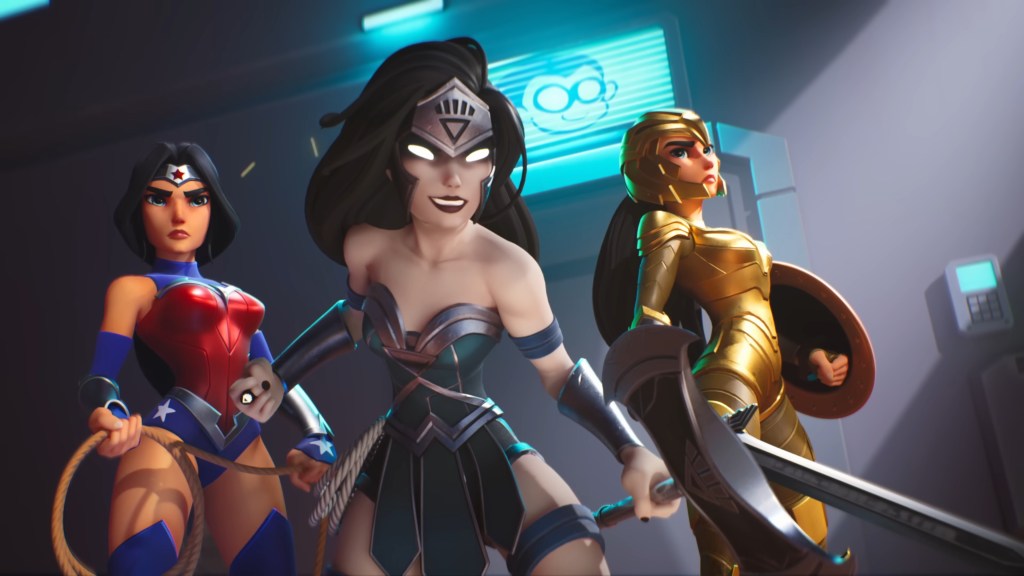 Three different versions of Wonder Woman (Abby Trott) rise to the challenge in MultiVersus (2022), Warner Bros.  Games.