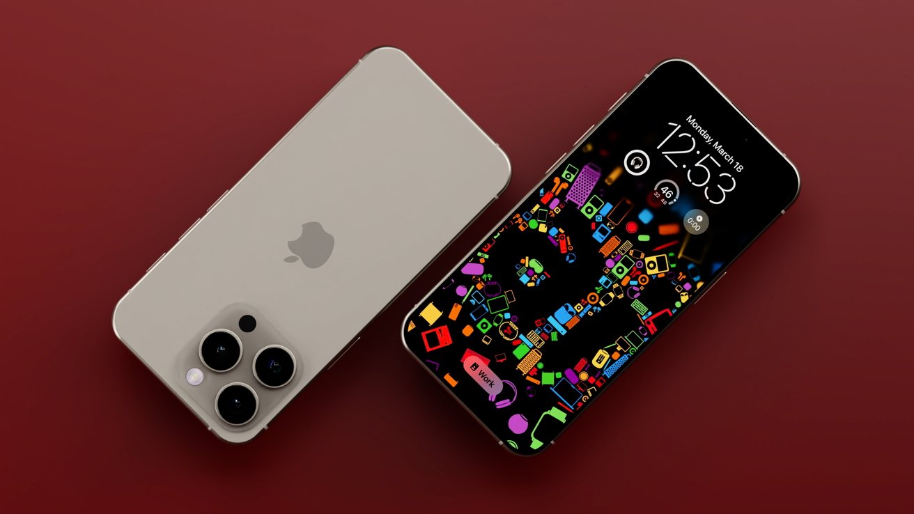 Two renders of the iPhone 16 Pro on a red surface, one showing the rear with triple cameras and the other showing a color lock screen with the time and date.