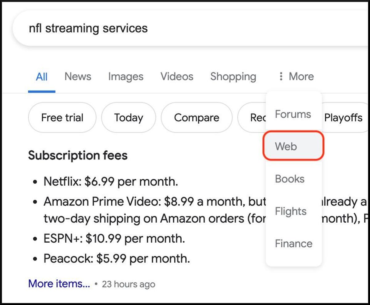 screenshot of google search results for nfl streaming services showing the web filter available from the More dropdown menu