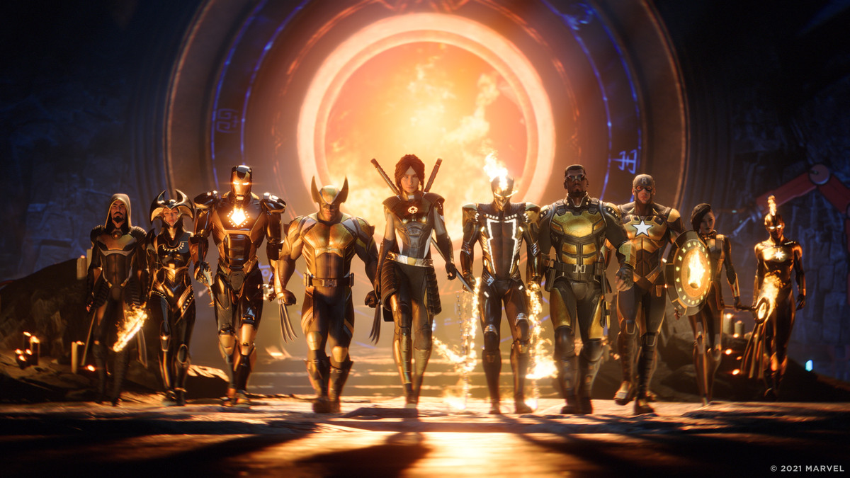 The Hunter, flanked by Wolvering, Iron Man, Blade and others, enters the frame.  Behind them what looks like a stargate.