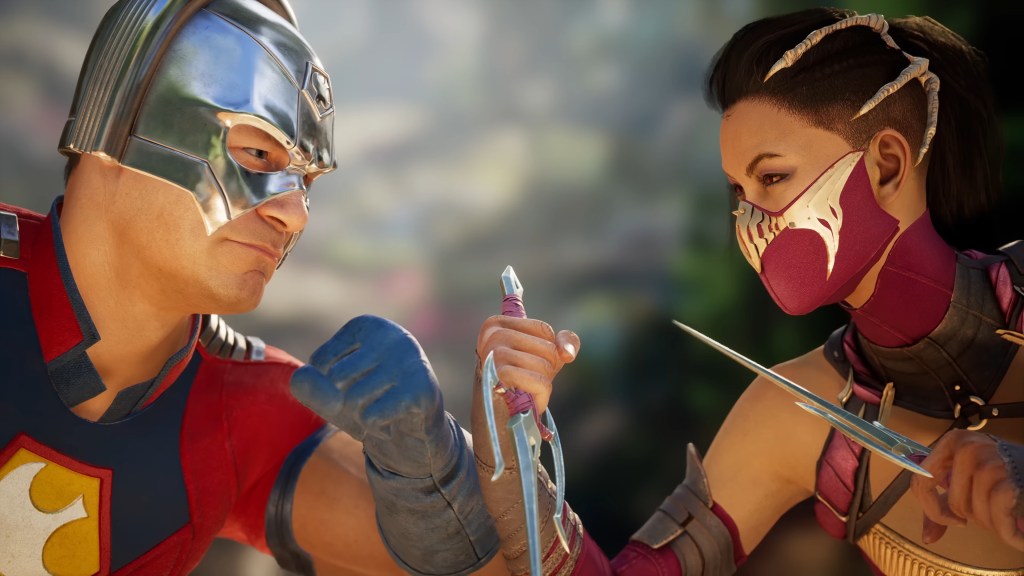 Peacemaker (John Cena) makes a pass at Mileena (Kari Wahlgren) in Mortal Kombat 1 (2023), Netherrealm Studios