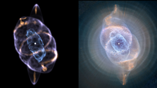 On the left is the 3D model of the Cat's Eye Nebula, which looks like a splotchy purple structure with a blue spot inside.  The background is black.  On the right is a very similar structure, but it is lighter in color and appears to emit light.