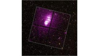 A purple galaxy cluster is visible in space.  A white box indicates the main area.