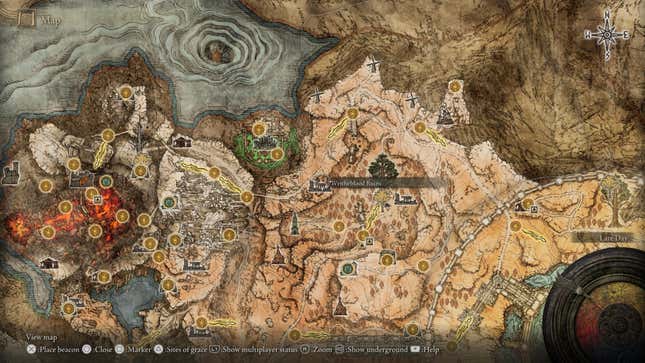 A map screen of the Elden Ring shows the location of the Writheblood Ruins.