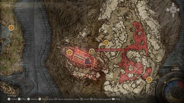 An Elden Ring map screen highlights the Dynasty Mausoleum environment.