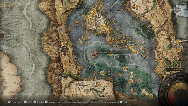 A screenshot of the Elden Ring map screen highlights the location of the Rose Church.