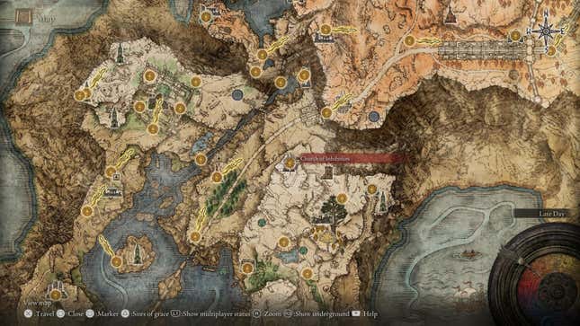 An Elden Ring map screen highlights the location of the Church of Inhibition.