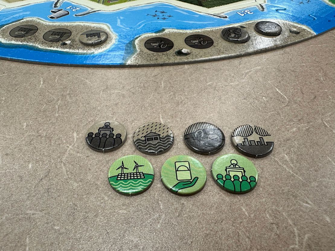 Event markers in Catan: New Energies determine the positive or negative effects in the game.  The brown markers on the left depict climate conference, rain and floods, environmental pollution and air pollution.