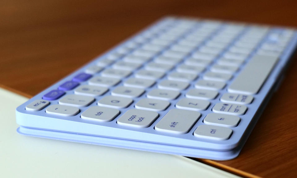 The Keys-To-Go 2 features a built-in cover that flips to give the keyboard a more ergonomic angle while in use. 