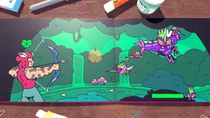 Screenshot of Plucky Squire showing a heroic 2D storybook scene as your more muscular character shoots flying enemies with a bow