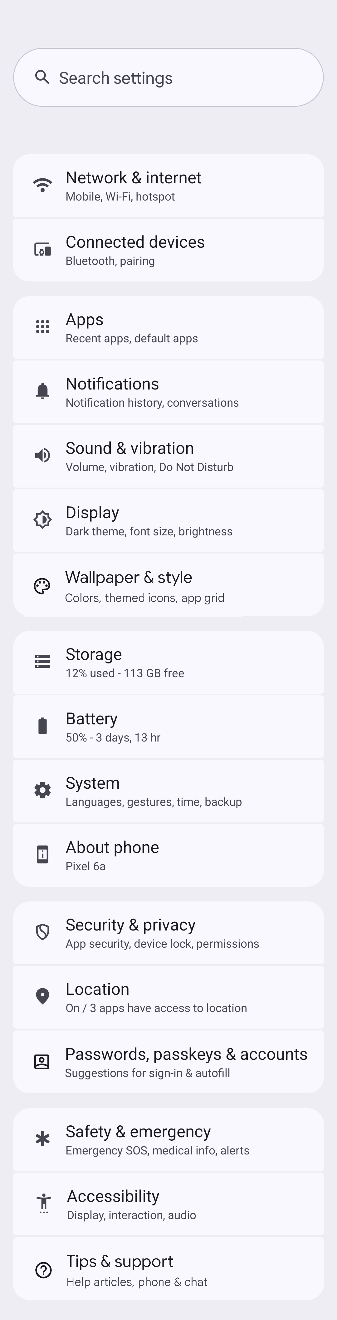 Android 15 Top Level Settings Mockup