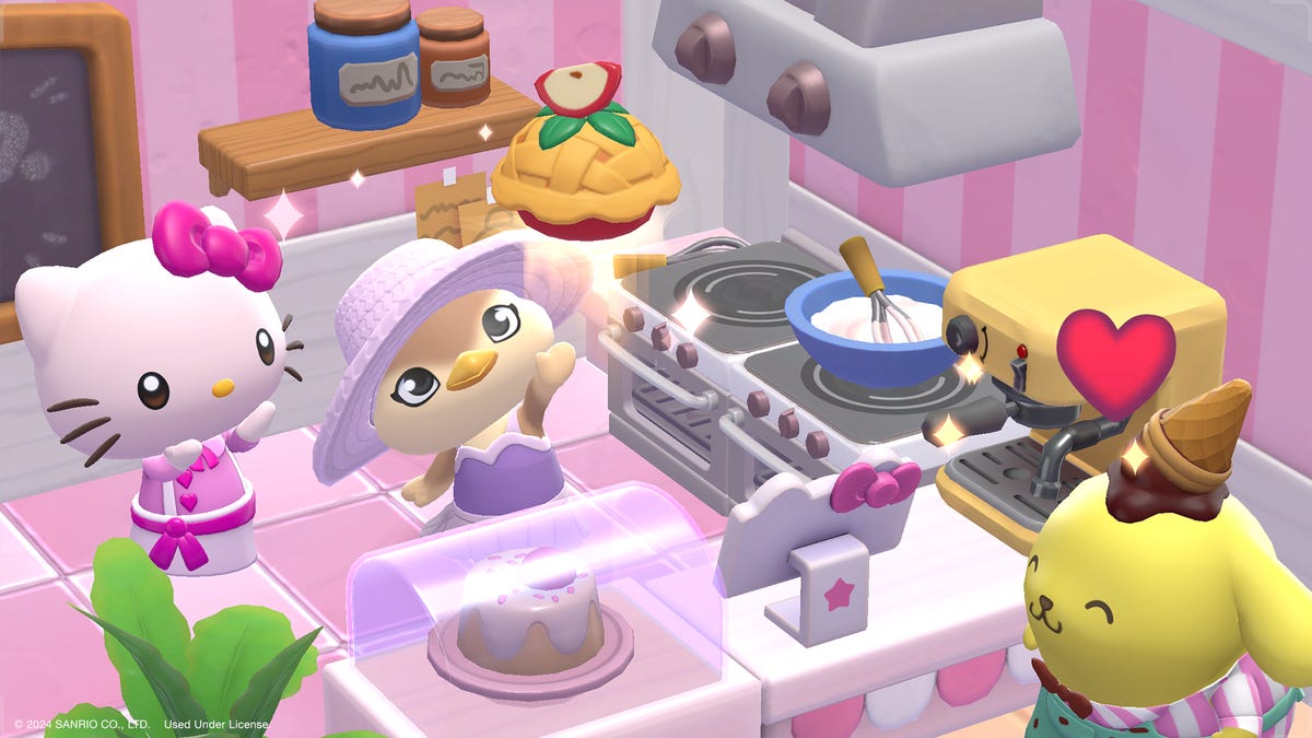 Hello Kitty and other characters bake pies and other products in a pink kitchen.