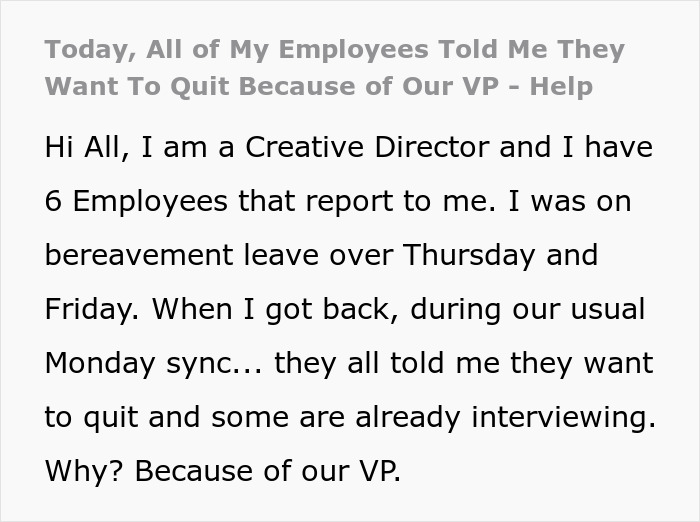 Manager returns from bereavement leave to find all his employees on the brink of quitting