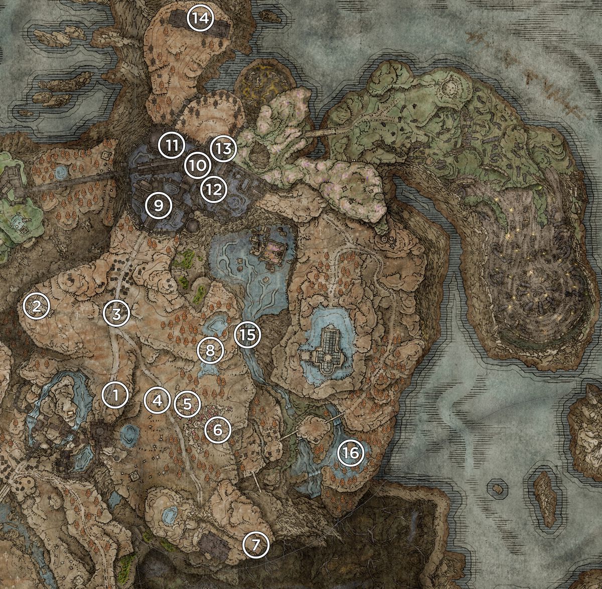 A map of the Scadu Atlus region from the Elden Ring DLC, Shadow of the Erdtree, marked with the locations of the Scadutree Fragments.