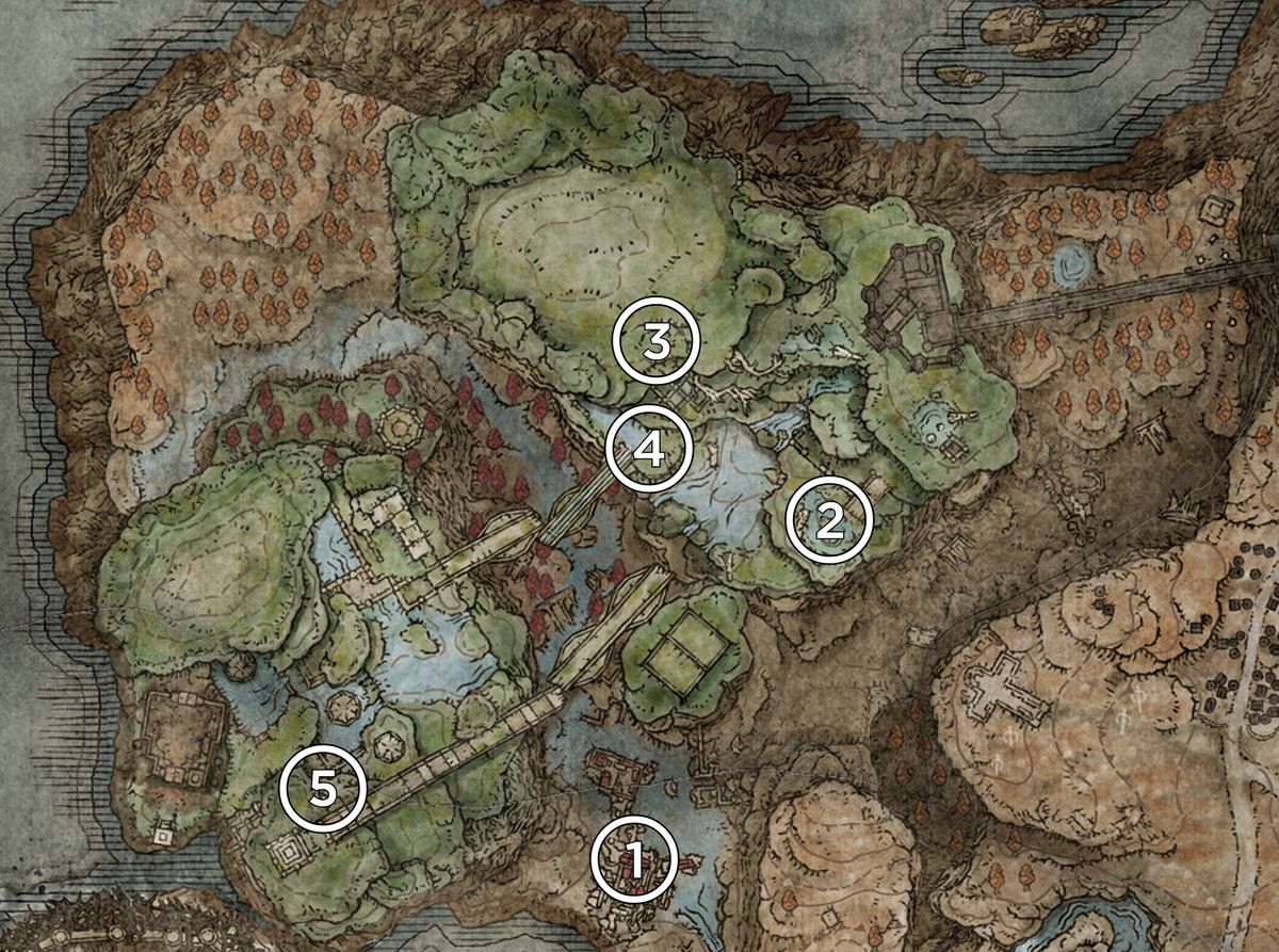 Map of Rauh's Ruins from the Elden Ring DLC, Shadow of the Erdtree, marked with Scadutree Fragments locations.