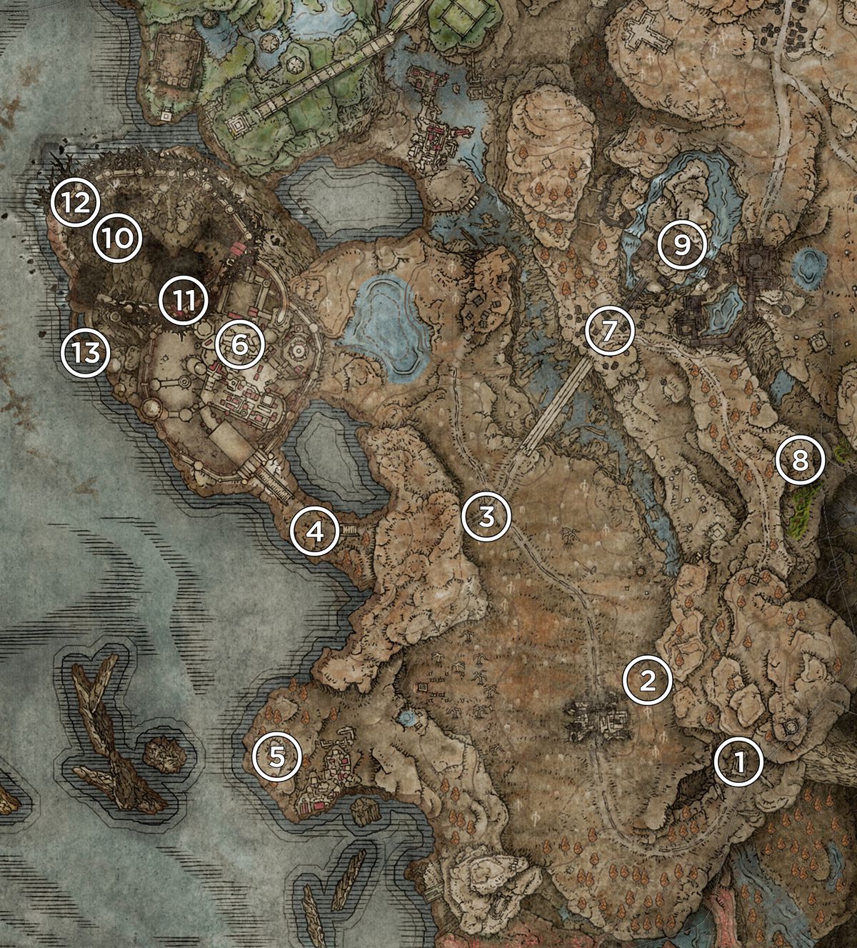 A map of the Gravesite Plains from the Elden Ring DLC, Shadow of the Erdtree, marked with Scadutree Fragment locations.