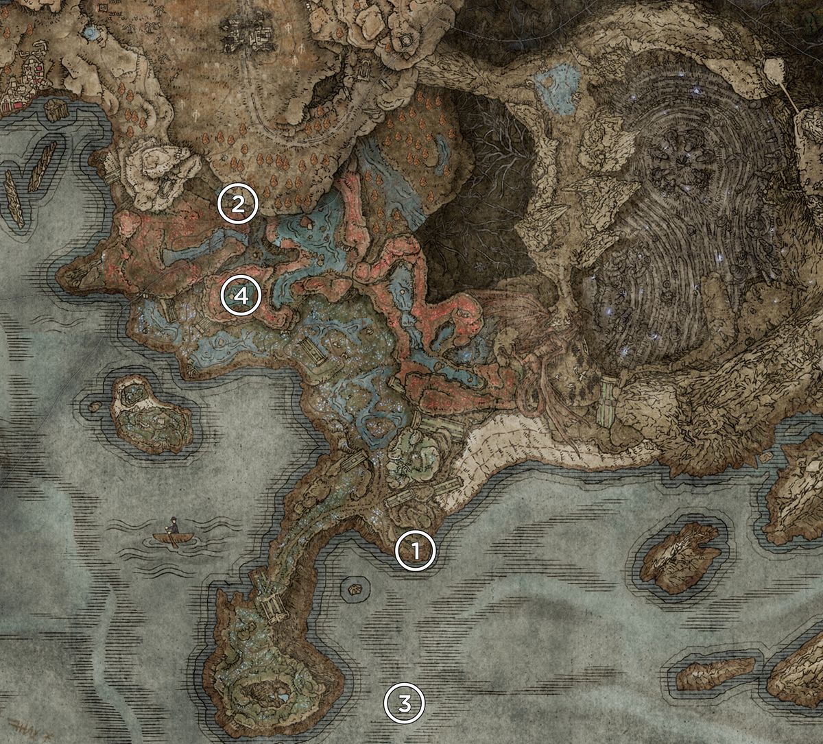 A map of the southern shores from the Elden Ring DLC, Shadow of the Erdtree, marked with the locations of the Scadutree Fragments.