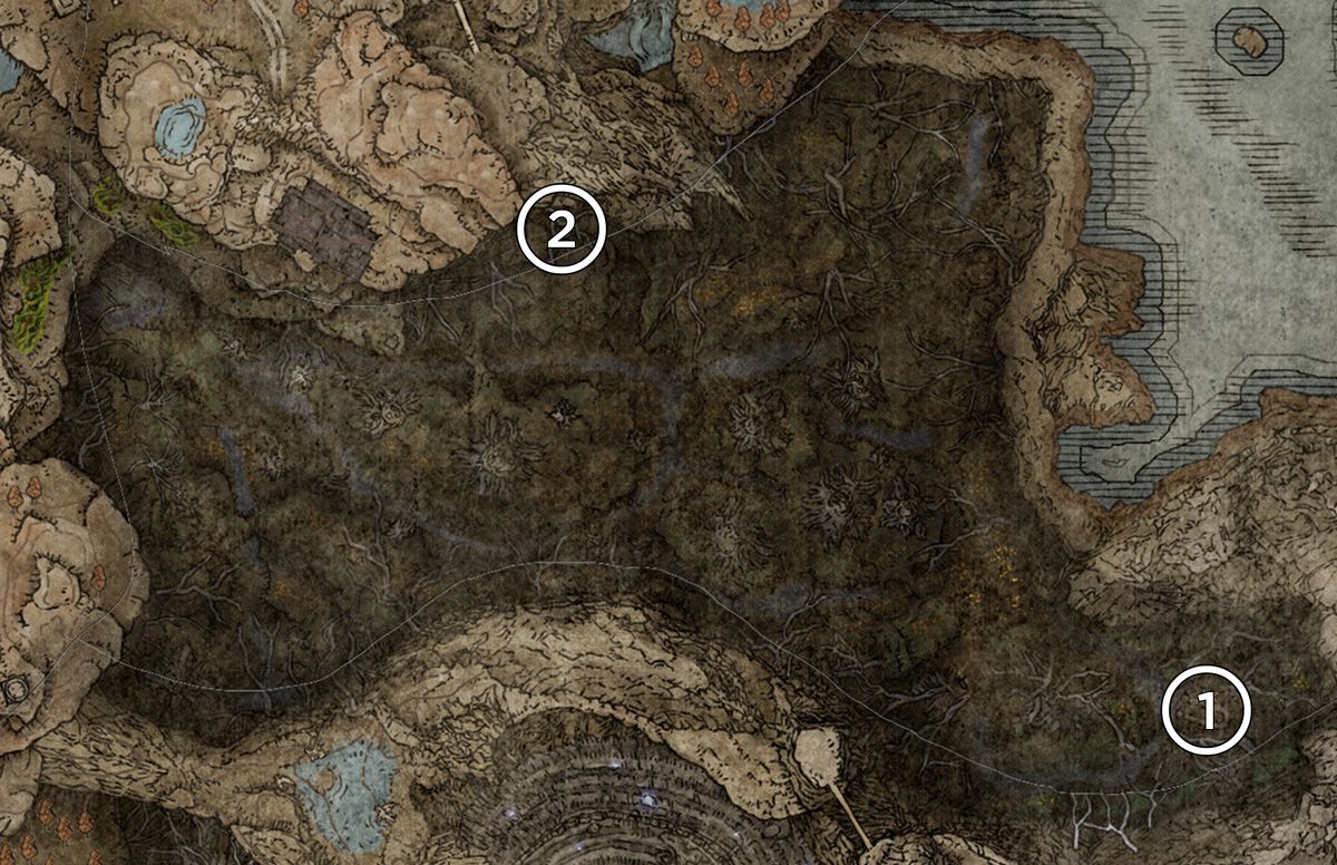 Map of the Abyssal Woods from the Elden Ring DLC, Shadow of the Erdtree, marked with the locations of the Scadutree Fragments.